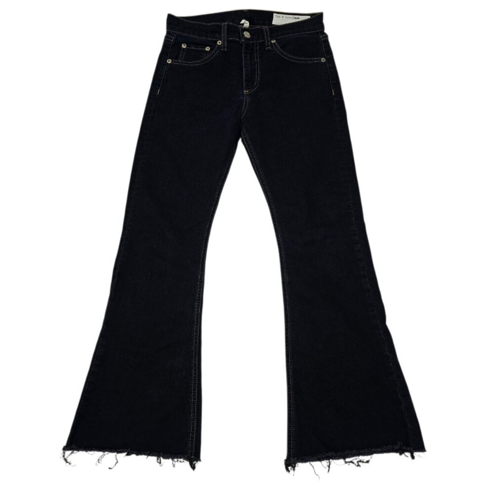 Rag & Bone Women's Blue Denim 10" Crop Fared Leg‎ Jeans Mid Rise Raw Hem Size 25